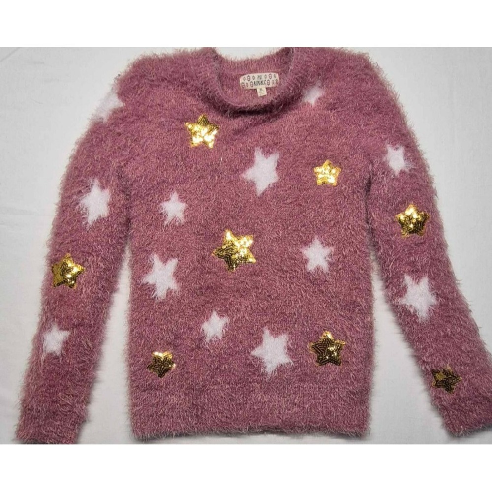 Pink Republic jr. women's pink fuzzy sweater white‎ & gold stars size XL (16)